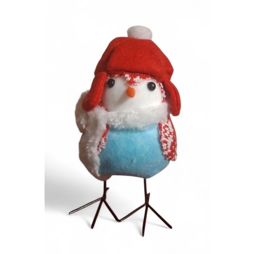 Christmas Holiday Winter Fabric Bird Wire Feet With Winter Scarf & Hat 7"L